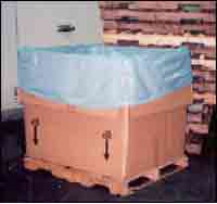 A cardboard &ldquo;tote&rdquo; container with plastic liner