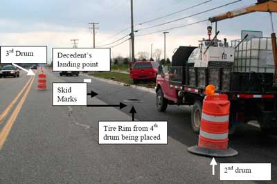 Drums, skid marks,  and decendent's location