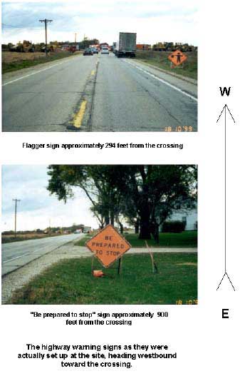 highway warning signs as they were set up at the site, heading westbound toward the crossing