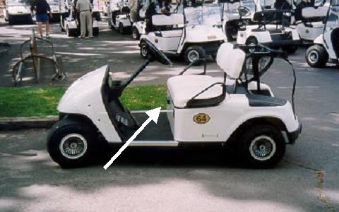 photo of the same model golf cart involved in the incident (side view).  Arrow points to the direction control lever
