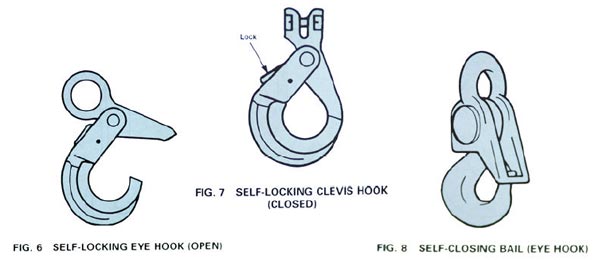 Figure 6 - open self-locking eye hook, figure 7 - closed self-locking clevis hook, and figure 8 - self-closing bail (eye hook)