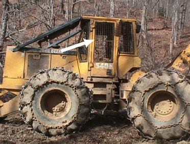 Figure 1.  This is the skidder which ran over the victim. The arrow points to one of two doors which were not present the day of the incident.