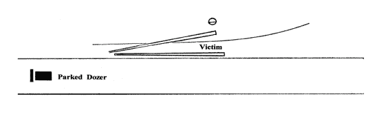 Figure 2. This illustrates the parked dozer, final position of the tree segments, and the victim's position under the precariously elevated tree segment.