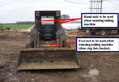 The operator should always have the bucket in the downward position, the parking brake set and the machine turned off and use three-point contact when entering or exiting a skidsteer.