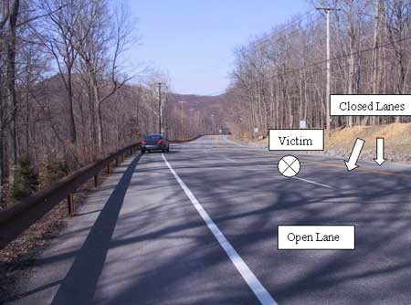 Figure 1. Incident site including lane closures and victim’s position.