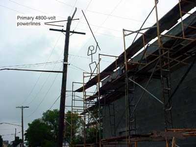 drawn in stickman on scaffold with rod touching powerlines