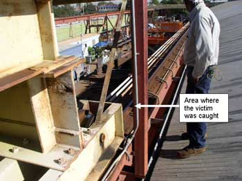 Exhibit 5: The area where the victim was caught between the light standard and the gantry crane.