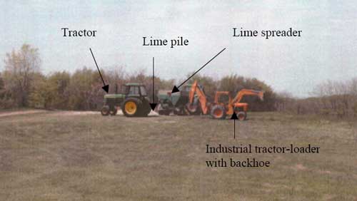 Figure 1. Overview of incident scene showing industrial loader on slight decline, location of lime pile, tractor and spreader.