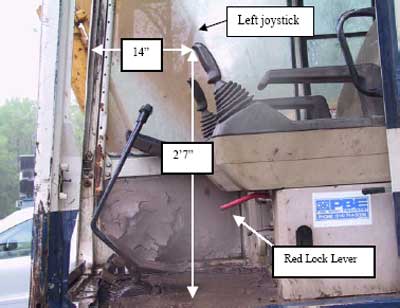 Photo 2. The left joystick and the red lock lever inside the excavator cabin.