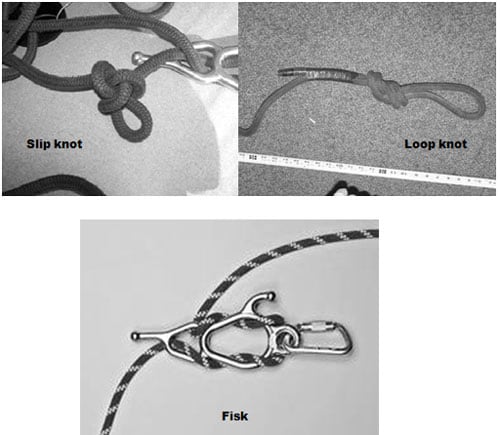 Figure 2: Lifeline: Controlled descent device or Fisk, along with slip knot and loop knot at each end of the lifeline.