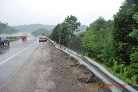 Location where semi tractor-trailer driver drove off of interstate into ravine. Photograph courtesy of local official.