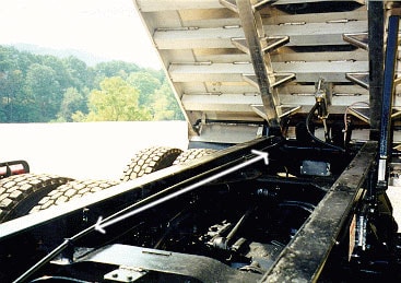 photo shows pull-off      cable running along the truck's frame to rear of dump bed