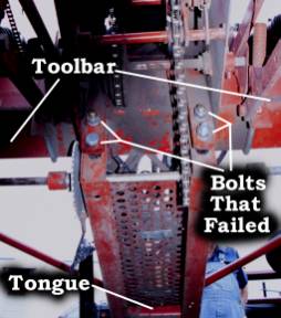 Photo of tongue of the corn planter showing the bolts that failed