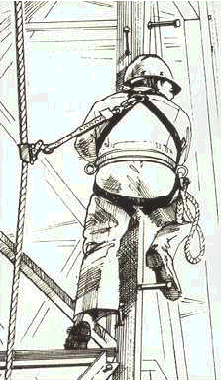 illustration of a tower worker using a lanyard