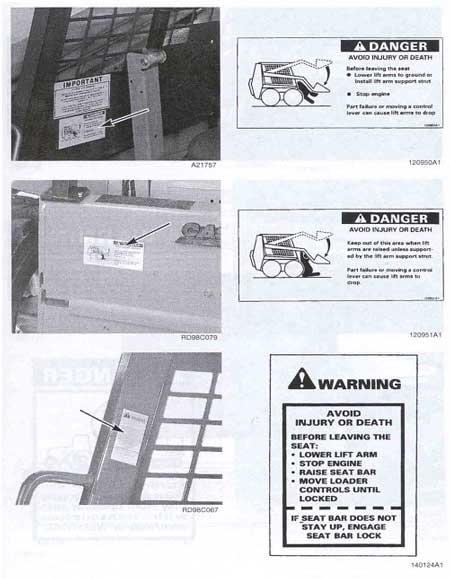 Safety warning labels on skid steer loader, including label next to hand holds regarding exiting machine.