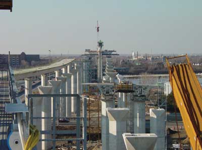 Cast-in-place concrete piers ahead of collapse site.