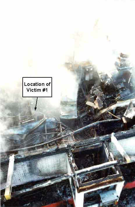 Photo 11: Post-fire, aerial view of the restaurant, showing the location of Victim #1.
