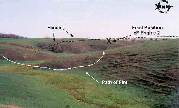 Diagram 1. Incident site, indicating approximate locations of fence line, final position of Engine 2, and path of fire.