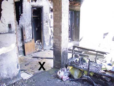 Photo 3. This photo shows (X) where the victim was found, facing toward the door.