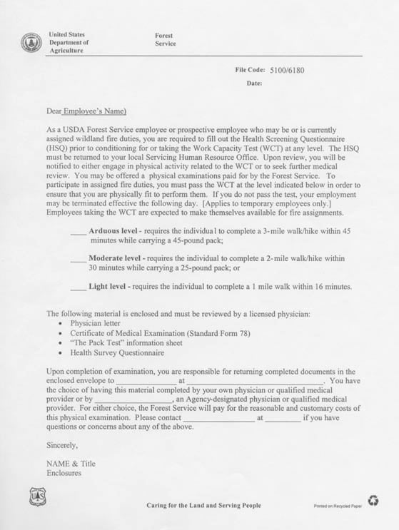 Attachment 1. Page 1. US Dept of Ag letter to Employer for Forest Service requirements to fill Health Screening Questionnaire before conditioning for Work Capacity Test