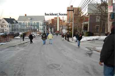 Down hill street and incident scene at the bottom