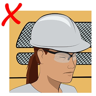 Illustration of a worker standing near to a piece of equipment and wincing uncomfortably due to a lack of hearing protection, with a red X in the corner of the image used to represent this as a poor practice.