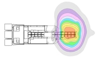 Figure 7. Example of protection zones (magnetic field intensity) for the HASARD PWS mounted on the tail of a continuous mining machine.