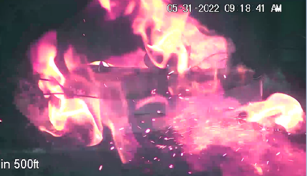 A photo of lithium-ion battery cells exploding during a battery fire test.