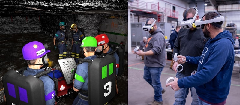 A two-part graphic. On the left is a screenshot of the simulation module of a virtual reality mine rescue training platform. On the right is a photo of mine rescue team members wearing head-mounted displays. Both the screenshot and photo represent rescue team members reviewing a map in order to decide what to do next.