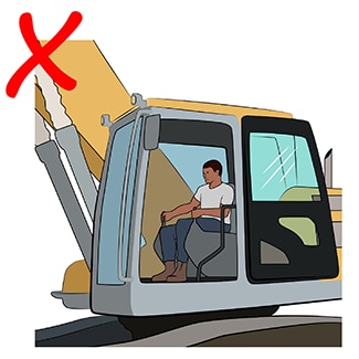 Illustration of a worker operating a bulldozer but with the cab door open, with a red X in the corner of the image used to represent this activity as a poor practice in relation to hearing protection while operating equipment.