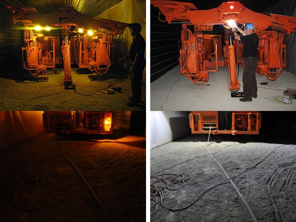 Four photographs demonstrating the existing illumination provided for a roof bolter and the improved illumination provided by the NIOSH-developed Saturn LED area light. The two photos on the left show the traditional illumination within the roof bolting machine and on the floor behind the machine, with very limited and patchy illumination. The two photos on the right show the highly improved illumination within the roof bolting machine and on the floor behind the machine, with bright and consistent illumination.