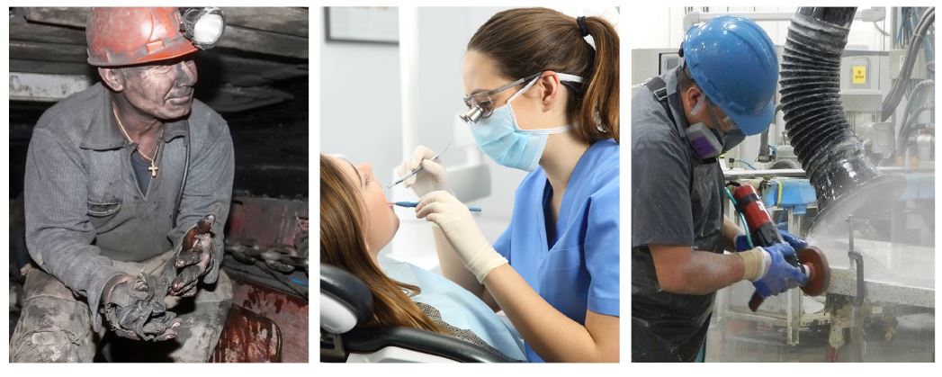 Triple image of a miner, a dental hygienist, and a worker grinding an industrial part