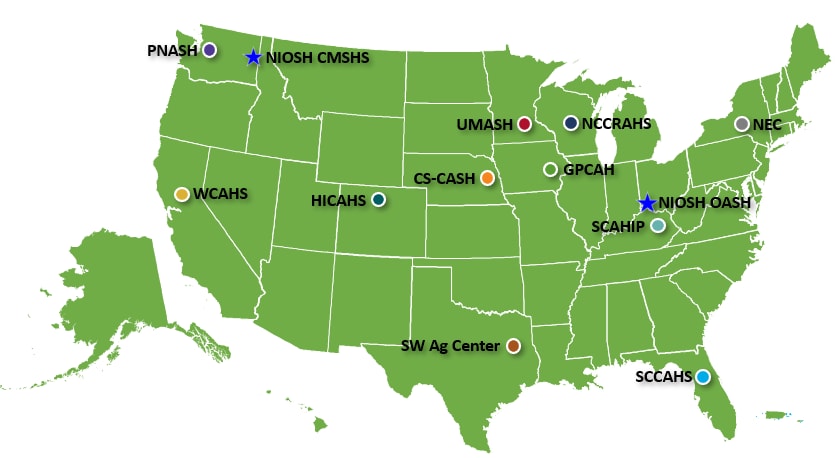 Map of the United States that shows the location of the NIOSH AgFF Program and Centers for Agriculture Safety and Health.