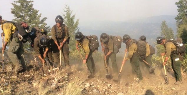 Wildland Firefighter Hotshot crew digs a fire break along a ridge line. Image provided by US Forest Service Technology and Development Program.
