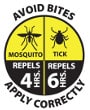 Avoid Bite logo; Avoid Bites, Apply correctly. Mosquito repels: 4 hours. Tick repels: 6 hours.