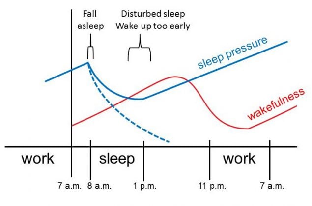 Figure 2.6b. Working night shift leads to loss of synchronization of the homeostatic sleep pressure drive and circadian wakefulness rhythm.