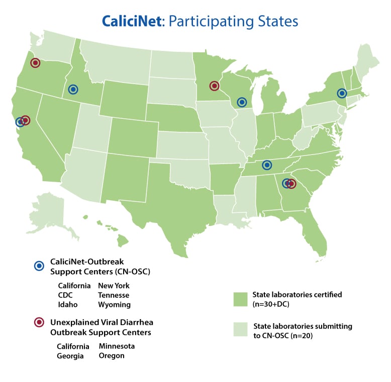 Public Health Laboratories Participating in CaliciNet and Support Centers. 28 states and the the District of Columbia are certified. Pennsylvania state labortary is pending certification.  21 state laboratories submit to Outbreak Suppert Centers located in California, Tennessee, Idaho, Wisconsin, New York and Georgia.