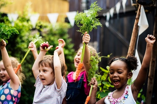 Kids holding carrots in a vegetable garden
