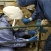 Person wearing protective equipment examining a sheep