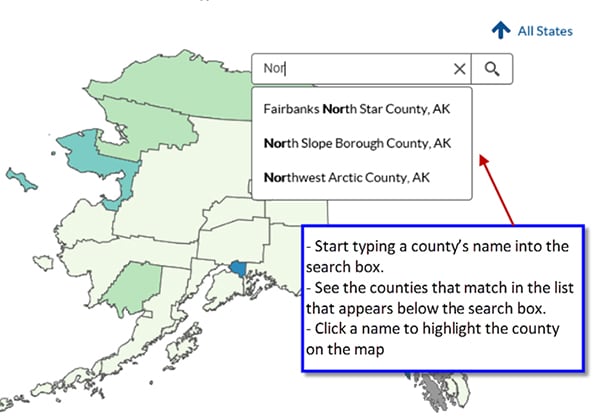 Screenshot shows steps to how to find counties in the application. Start typing a county's name into the search box. See the counties that match in the list that appears below the search box. Click a name to highlight the county on the map.
