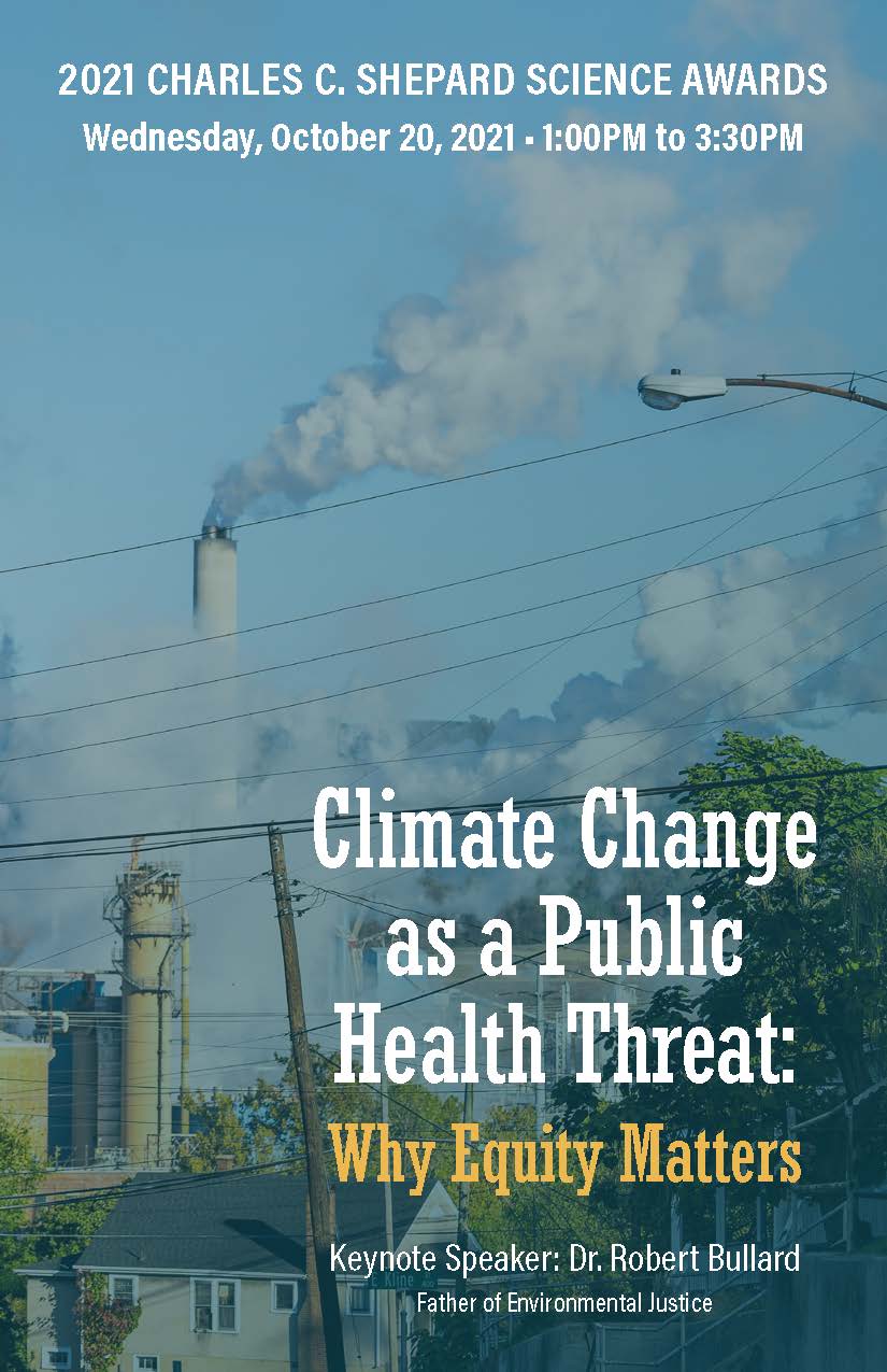 2021 Charles C. Shepard Science Awards booklet cover page. Smokestacks behind a neighborhood with the words “Climate Change as a Public Health Threat: Why Equity Matters”.