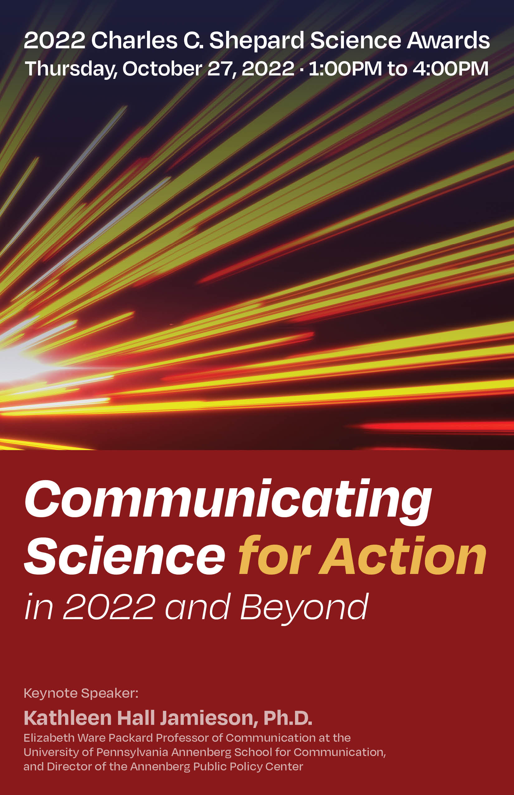 2022 Charles C. Shepard Science Awards booklet cover page. Beams of light coming from the left side with the words “Communicating Science for Action in 2022 and Beyond”.
