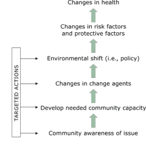 Along the left side is a vertical bar labeled Targeted Actions. From this bar there are four arrows that point to the right. The one at the bottom points to Community awareness of issue which has an arrow above it pointing upward. Above the arrow, the second arrow pointing to the right points to Develop needed community capacity, which has an arrow above it pointing upward. Above this arrow, the third arrow pointing right points to Changes in change agents, which has an arrow above it pointing upward. Above this arrow, the fourth arrow pointing right points to Environmental shift (i.e., policy), which has an arrow above it pointing upward. Above this arrow is Changes in risk factors and protective factors, which has an arrow above it pointing upward. Above this arrow is Changes in health.