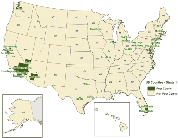 This map of the United States highlights counties one group of counties that are similar in population composition and selected demographics. Such peer groupings, or strata, demonstrate how counties that can be considered peers to one another also can be widely separated. The specific strata illustrated includes Orange, San Diego, and Los Angeles counties in California; Cook County, Illinois; Palm Beach County, Florida; King County, Washington; and New York County, New York.