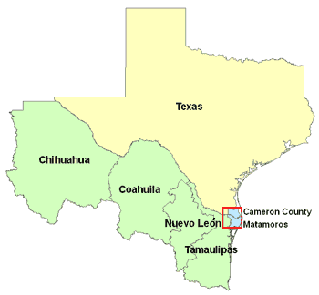 This map shows the location of Cameron County in the southernmost tip of Texas. Matamoros is just across the border, in the northeast corner of Mexico.