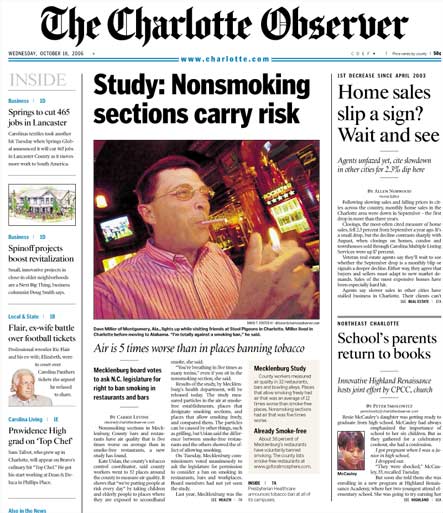 Front page of the Charlotte Observer newspaper, with a large headline near the top center of the page that reads, Study: Nonsmoking sections carry risk. There is a photograph of a man lighting a cigarette. A subheading reads, Air is 5 times worse than in places banning tobacco.
