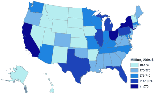 Map of US states, shaded according to their Medicaid smoking-attributable medical expenditures.