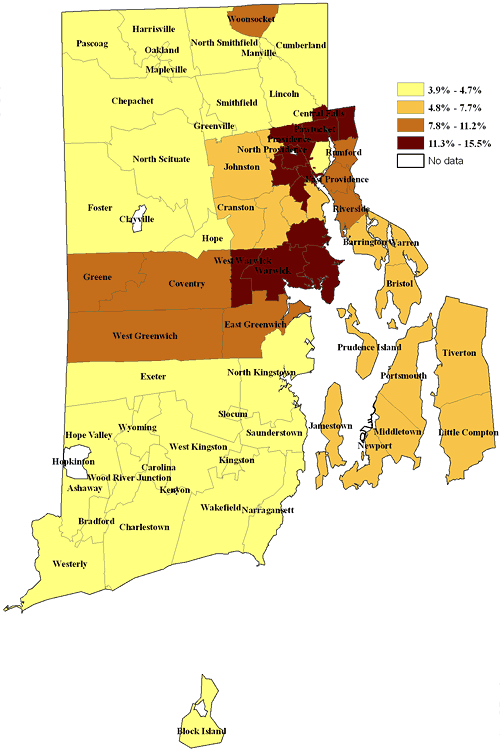 Prevalence of current depression, by Rhode Island cities and towns by zip 