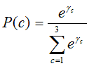 This equation reads the probability of c equals e to the power γc divided by the sum of e to the power γc where c varies from 1 to 3.