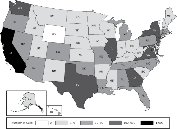 Number of calls to the Asian Smokers’ Quitline (ASQ), by state, from August 1, 2012, to July 31, 2014.